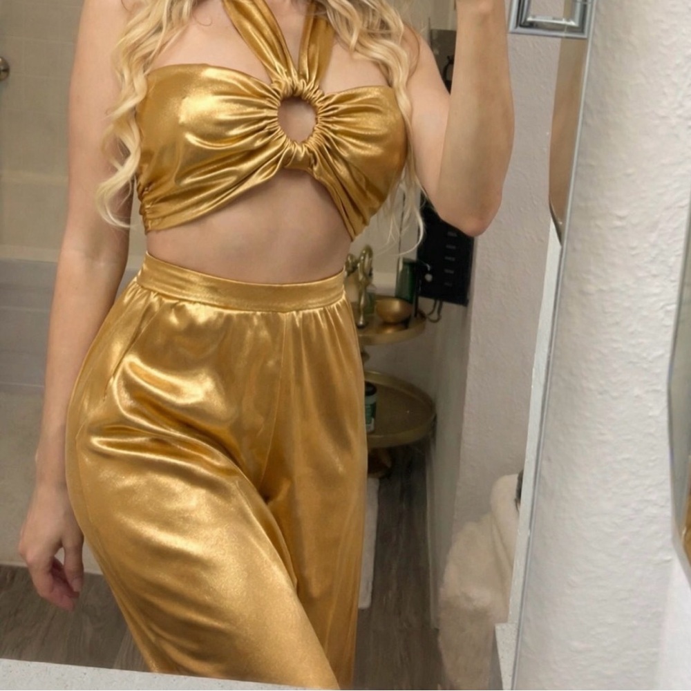 Metallic Gold Halter Crop Top & High-Waist Pants Set